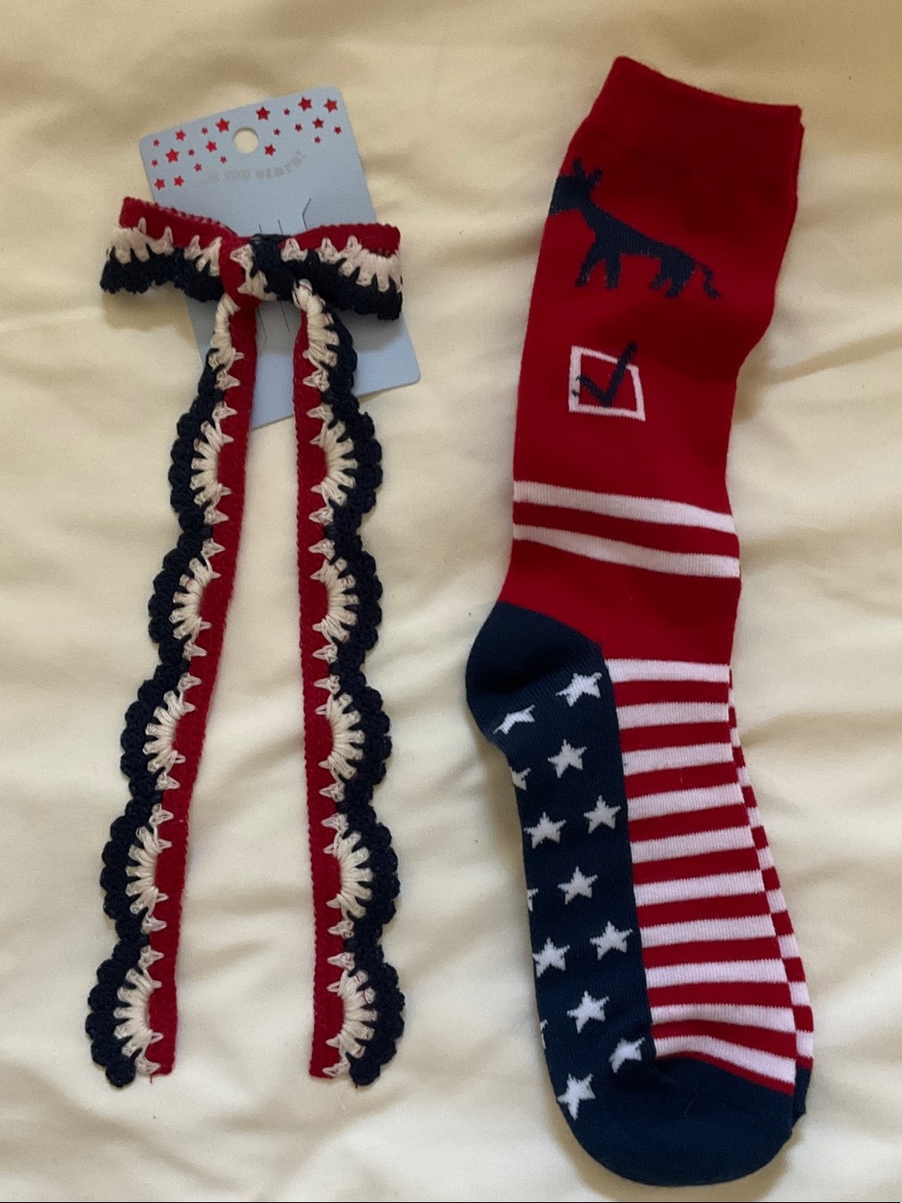 Target crocheted Hair bow Red, White & Navy Star-Striped Socks